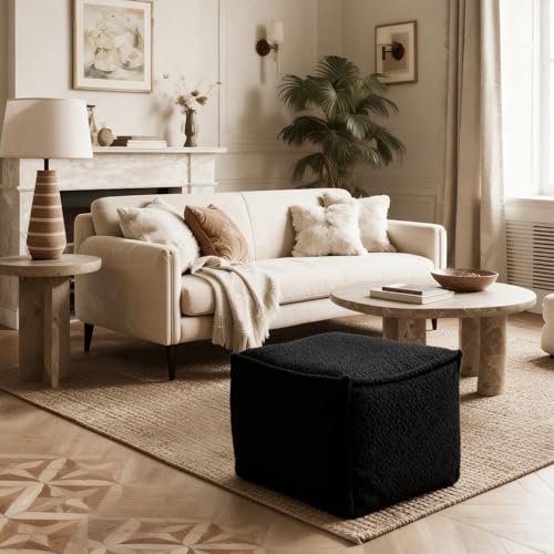 Square Boucle Pouf Ottoman, Soft Foam-Filled Footrest for Living Room