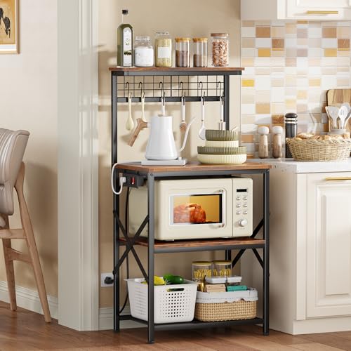 4-Tier Kitchen Baker's Rack with Power Outlet & Coffee Bar Stand, Rustic Brown