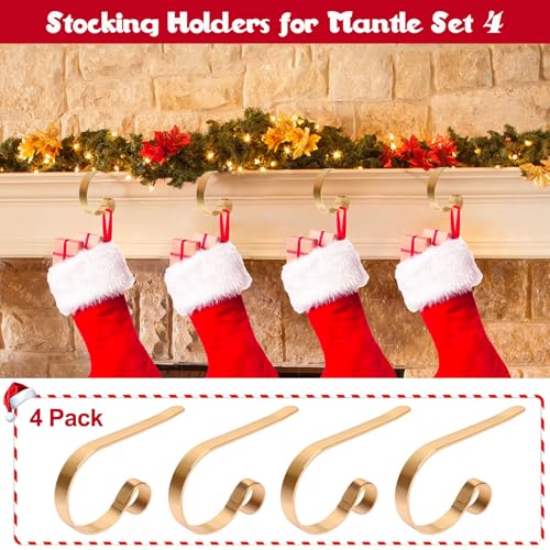 Adjustable Christmas Stocking Holders for Mantle - 4 Pack Gold Hangers