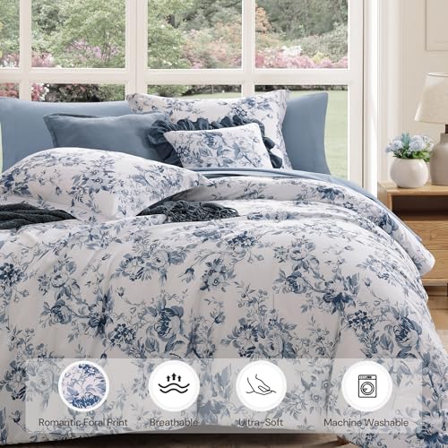 Queen Comforter Set 7-Piece - Blue Floral Soft Bed in a Bag with Sheets