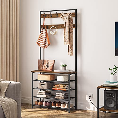 Industrial Hall Tree with Bench and 5-Tier Shoe Rack, 9 Hooks for Entryway