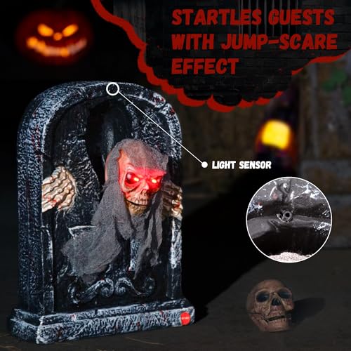 Animatronic Halloween Tombstone with Moving Skeleton, LED Eyes & Sound