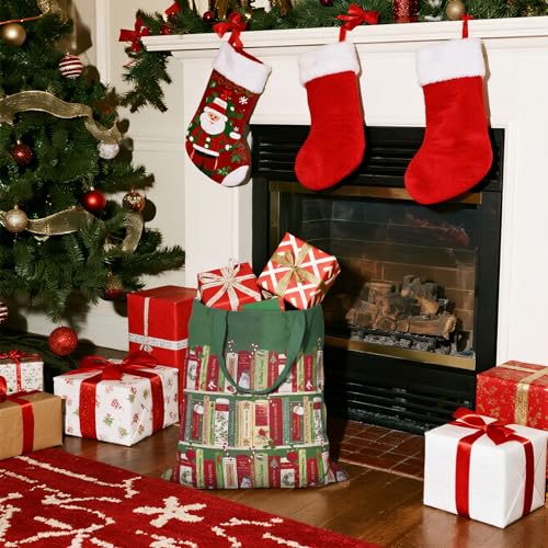 Loveinside Christmas Canvas Tote Bag Book Shelf Xmas Shopping Reusable Holiday Gift Bag