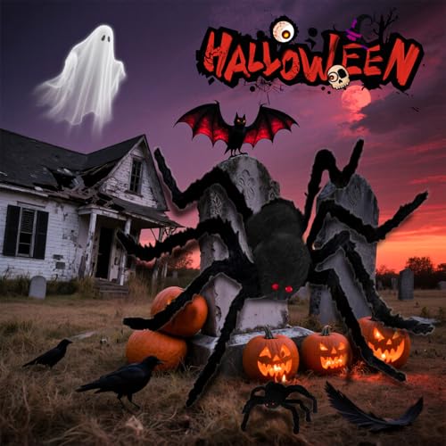 6.6 Ft Giant Halloween Spider Decoration - Poseable Furry Fake Spider