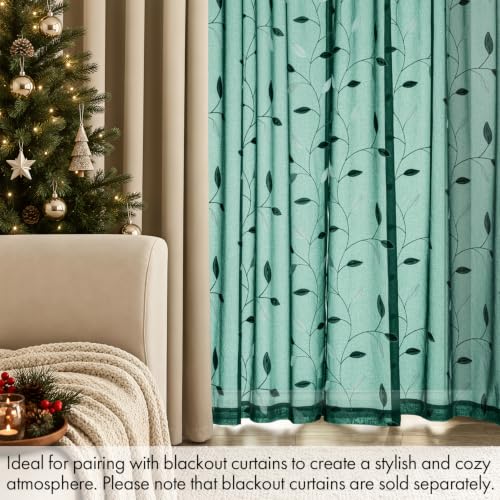 MIULEE Hunter Green Leaf Pattern Sheer Curtains 52x84 in | Set of 2