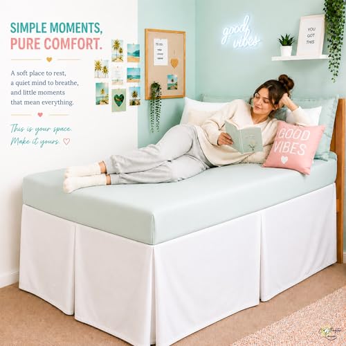 Twin XL Bed Skirt with 32 Inch Drop - Tailored Box Pleated Dorm Bedskirt, White