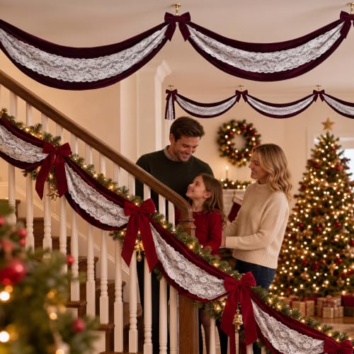 Yunlly Burgundy Velvet and Lace Ceiling Decorations - 6 Panels Christmas Drapes