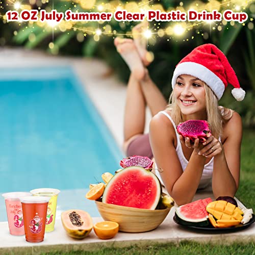 Weewooday 12oz Christmas in July Disposable Plastic Cups, Santa Flamingo Theme