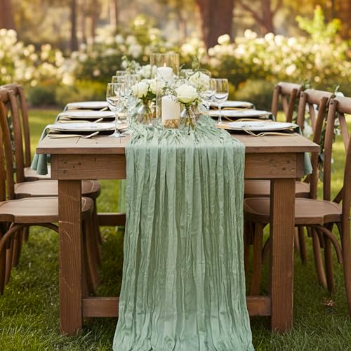 3 Pack Sage Green Cheesecloth Table Runner, 120-Inch Boho Wedding Decor