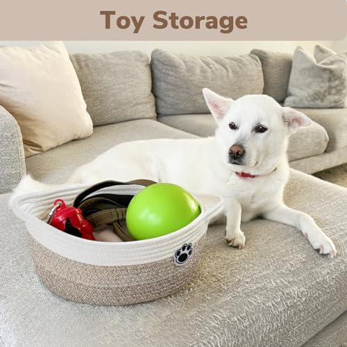 Woven Rope Dog Toy Storage Basket with Handles & Paw Print - 12" x 8" x 5"