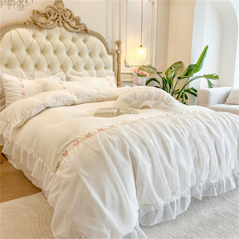Queen Ruffle Lace Duvet Cover Set - 3-Piece White Coquette Bedding