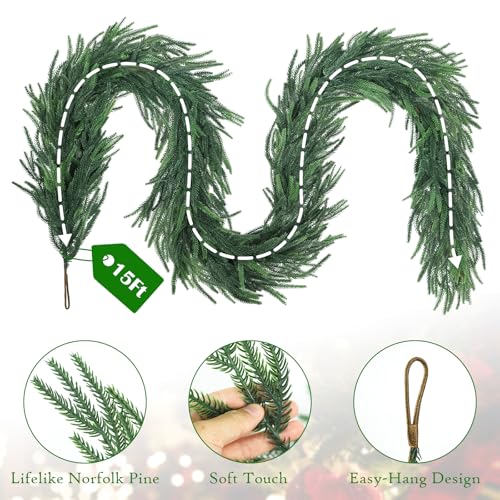 Ruidazon 15FT Artificial Norfolk Pine Garland Green - Real Touch Holiday Decor