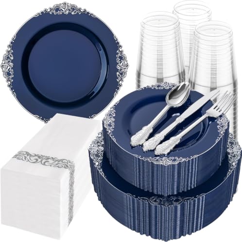 Blue and Silver Disposable Plates Set for Graduation - 350 pcs, Baroque Style, 50 Guests