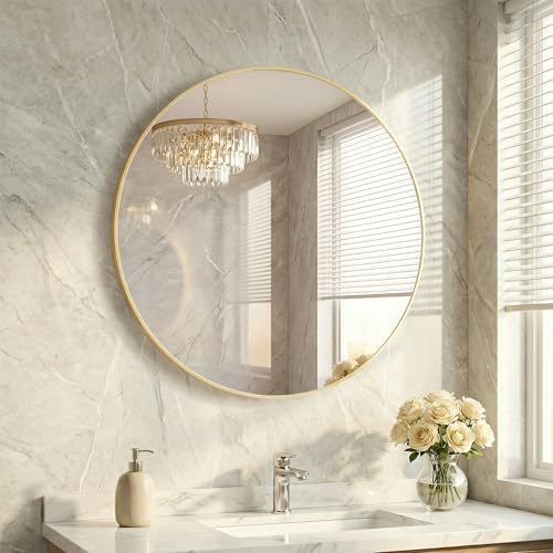 20 Inch Gold Round Wall Mirror - Shatterproof Circle Mirror for Bathroom