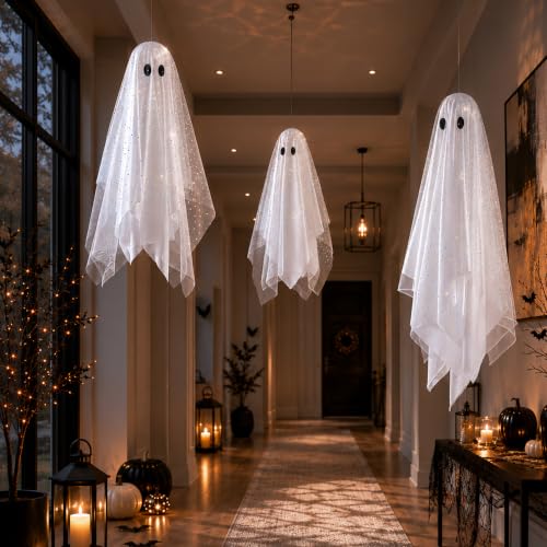 AYGXU 3-Piece Lighted Hanging Ghost Halloween Decorations for Yard and Porch