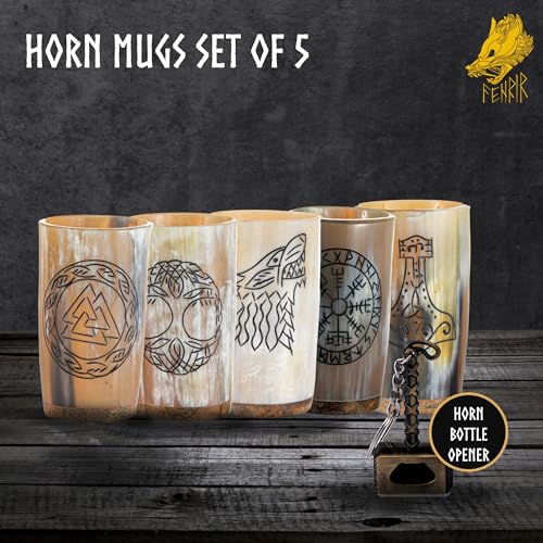 Viking Drinking Horn Mug Set of 5 with Thor Bottle Opener, 10 oz
