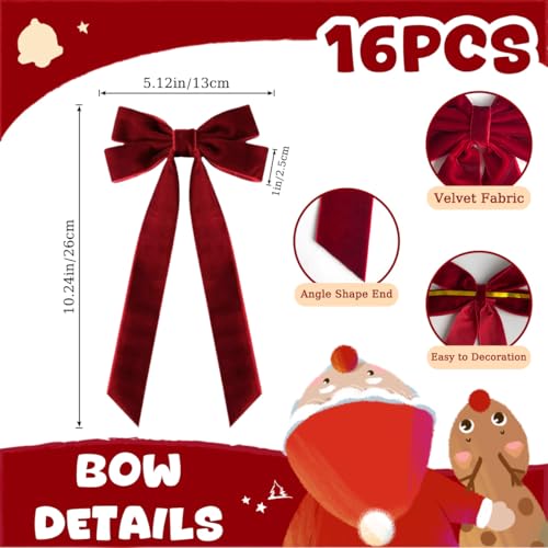 Ulico Burgundy Velvet Christmas Bows - 16 Pcs Holiday Tree Decorations