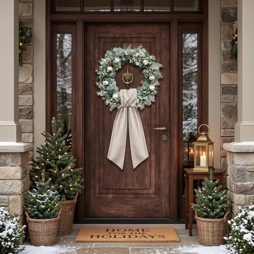 Khaki Striped Burlap Wreath Sash for Front Door Decor - 54 Inch Ribbon