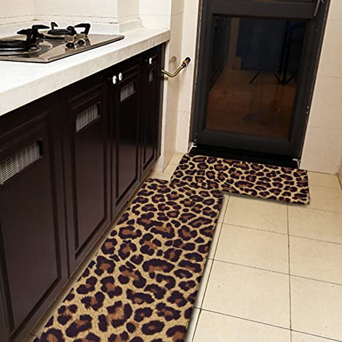Leopard Print Kitchen Rug Set, 2-Piece Non-Slip Washable Flannel Floor Mats