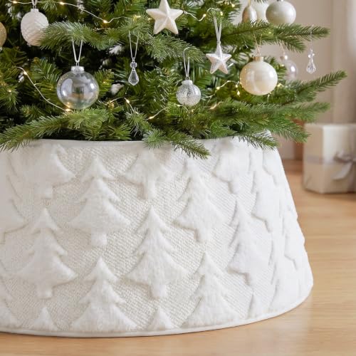 White Faux Fur Christmas Tree Collar - Plush Diamond Pattern, Adjustable 7.5-9ft