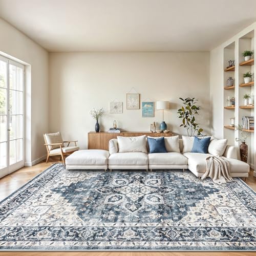 8x10 Vintage Washable Area Rug - Non-Slip Blue Rug for Living Room