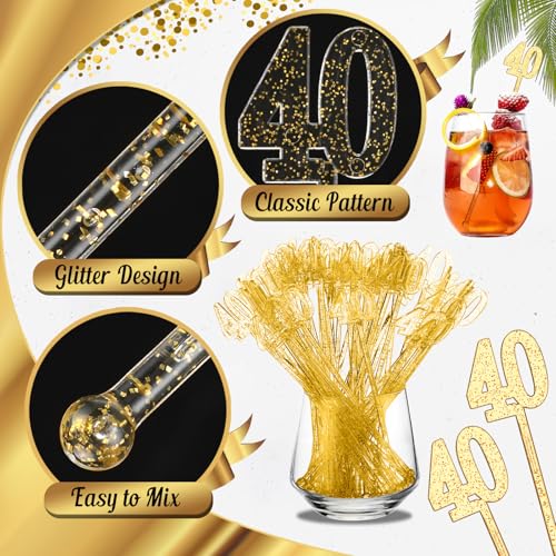 40th Birthday Gold Glitter Drink Stirrers - 100 Pcs Celebratory Cocktail Sticks