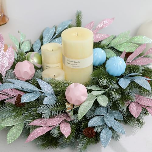 Janinka 24 Pcs Pastel Christmas Artificial Leaf Picks Macaron Tree Decor (Pastel Pink/Blue/Green)