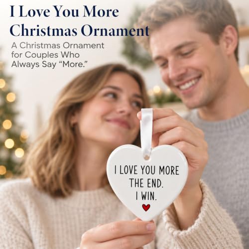 Personalized I Love You More Christmas Ornament - 3 Inch Ceramic Heart for Couples