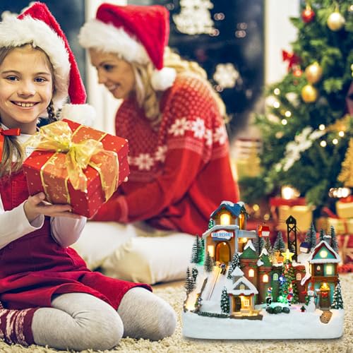 Chonsun 10.2 Inch Christmas Village House with Skiing & Skating Characters – USB Lighted Town Scene