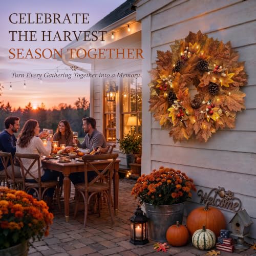 26-Inch Lighted Fall Wreath with Maple Leaves, Pinecones and Berries