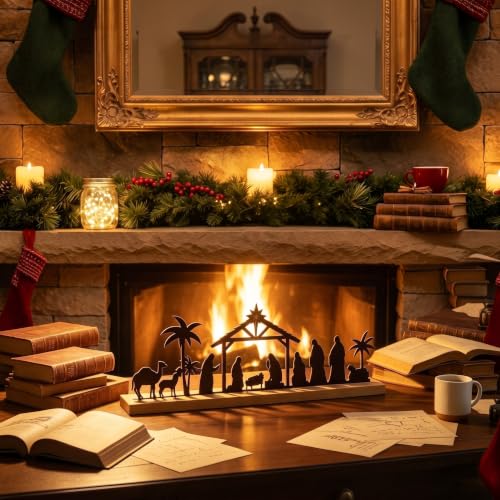 Black Metal Nativity Scene Display with Wood Base for Christmas Table Decor