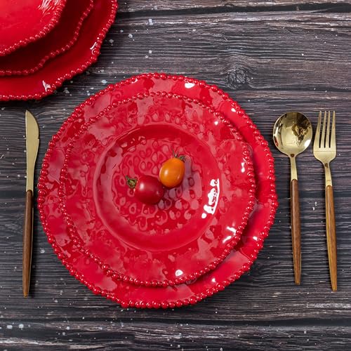ZAROCRUS Christmas Red 11-Inch Melamine Dinner Plates Set of 6 Beaded Holiday Tableware