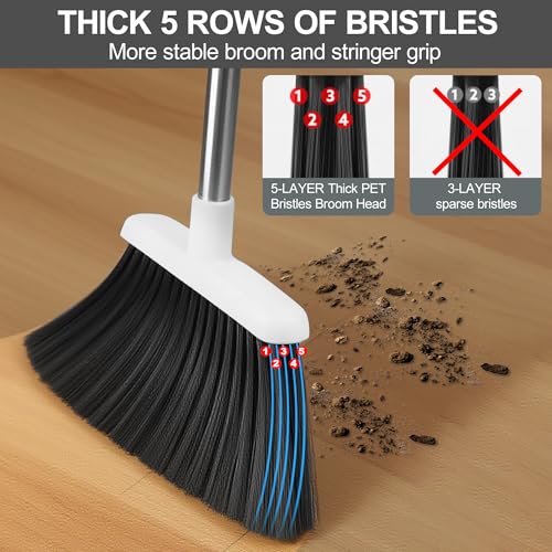 Broom and Dustpan Set with 52" Adjustable Handle & Dustpan Comb, White