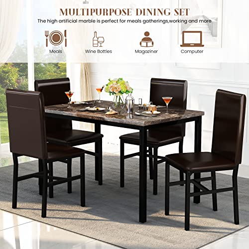 5-Piece Modern Dining Table Set for 4 with Faux Marble Top and Chairs