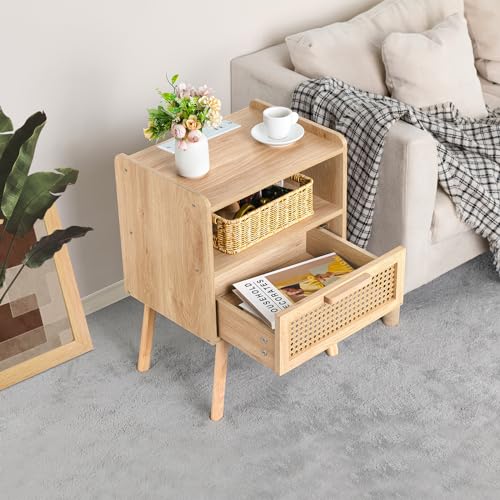 Rattan Nightstand with Charging Station, Boho Side Table with Drawer