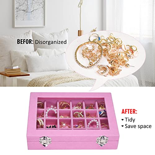 24-Grid Velvet Jewelry Box Display Organizer Tray with Clear Glass Lid (Pink)