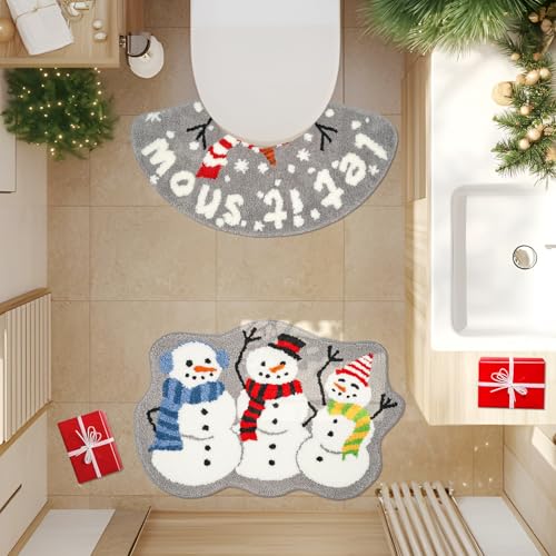 Christmas Snowman Bathroom Rug Set 2 Pack | Winter Holiday Bath Mats 34x18 & 30x20 Inches