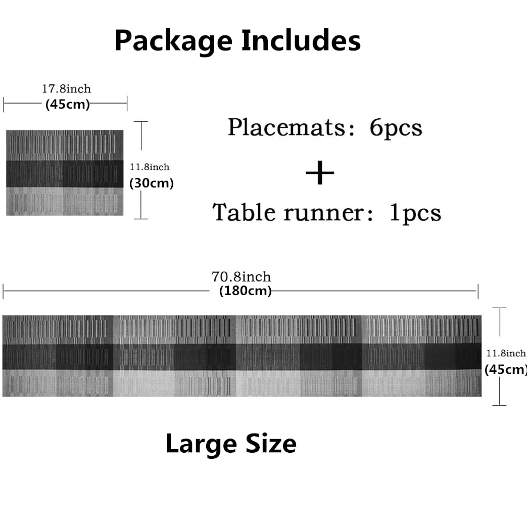 Xmkuwa Placemats, Washable PVC Table Mats, Woven Vinyl Placemat for Dining Table Place Mats Set (6 Placemats and 1 Table Runner, Black and Grey)
