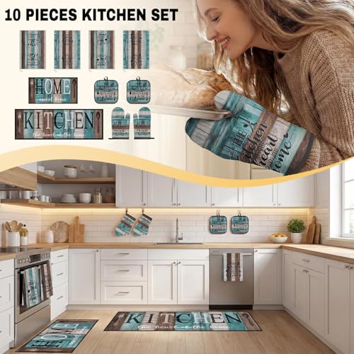 10-Piece Farmhouse Kitchen Decor Set, Turquoise Teal Towels, Rugs & Mitts