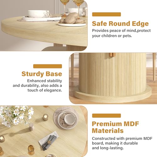 47-Inch Round Dining Table with Storage, Farmhouse Fluted Kitchen Table