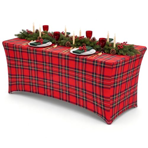 Frienda Red Plaid Christmas Tablecloth 6ft Tartan Stretch Holiday Cover - Dark Red Variation