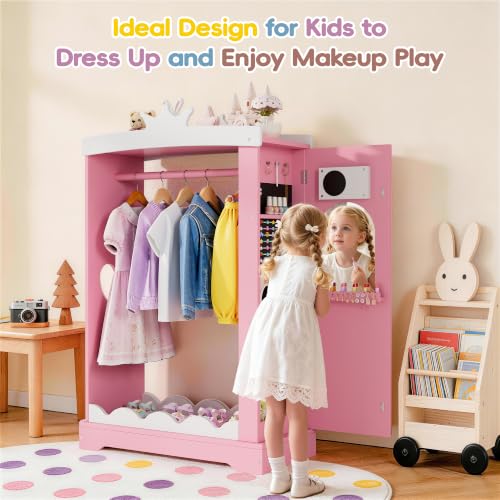 Kids Dress Up Wardrobe with Light-Up Mirror and Jewelry Storage - Pink
