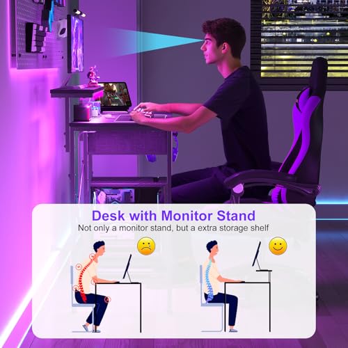 33.5" Compact Gaming Desk with LED Lights, Power Outlets, and Storage Drawer