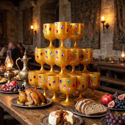 15 Pcs Medieval Gold Goblets with Gem Stickers - DIY Plastic Chalice Set