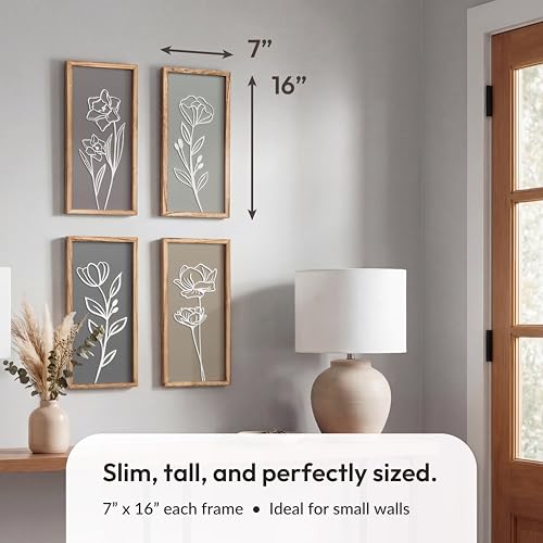 3D Floral Framed Wall Art Set, 4-Piece Wooden Botanical Boho Decor