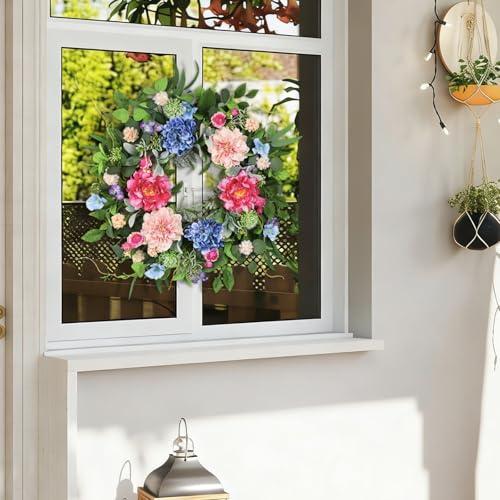 24-Inch Artificial Spring Wreath for Front Door, Floral Eucalyptus Wreath
