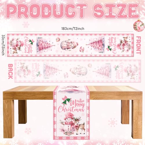 Pink Christmas Table Runner 72 Inch Snowman Holiday Decor for Festive Home