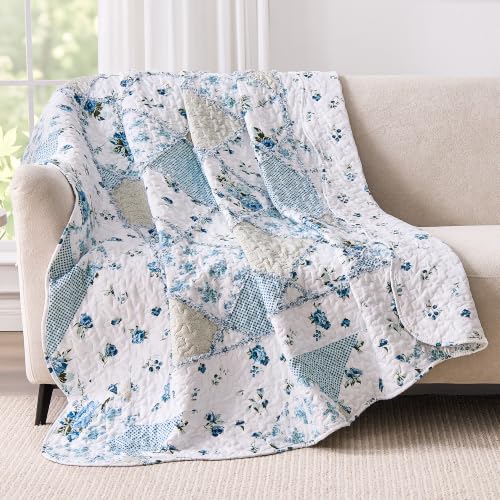 Twin Size Blue Floral Patchwork Quilt - Reversible Throw Blanket