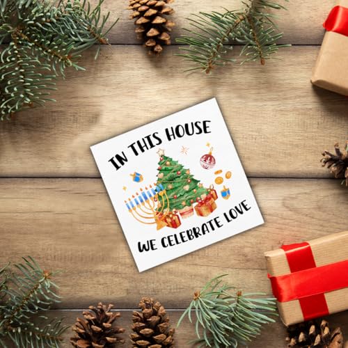 Christmas Hanukkah Wooden Desk Sign - In This House We Celebrate Love 5x5 Inches