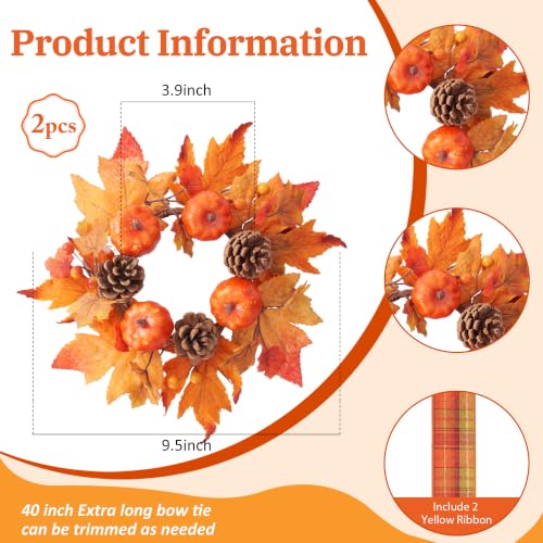2-Pack Mini Fall Wreaths with Plaid Ribbons - Candle Ring Decor for Table